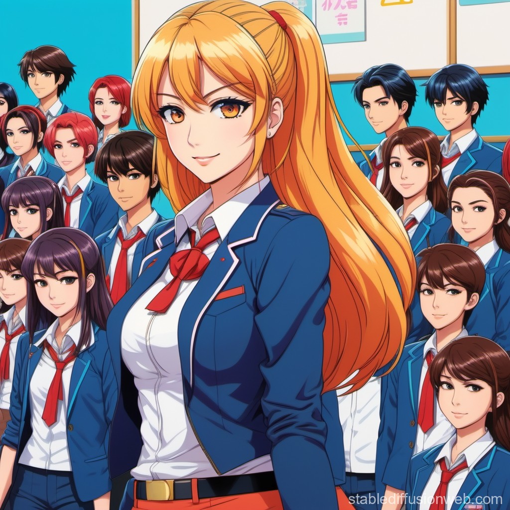Confident Anime School Leader with Diverse Classmates