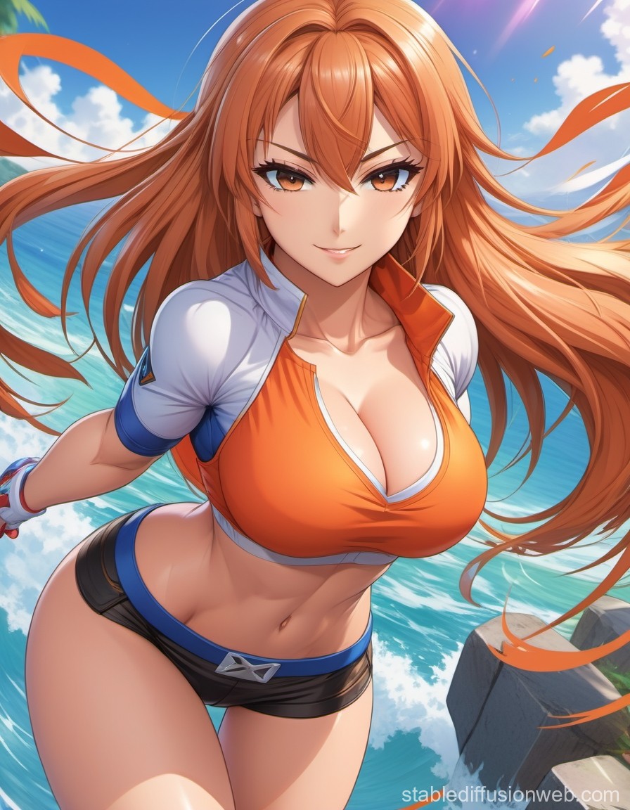 Confident Anime Woman by the Ocean