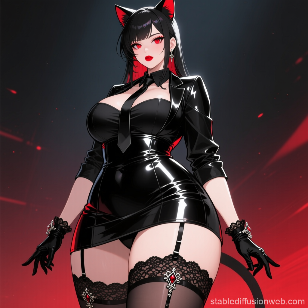 Confident Anime Woman in Black Cat Outfit