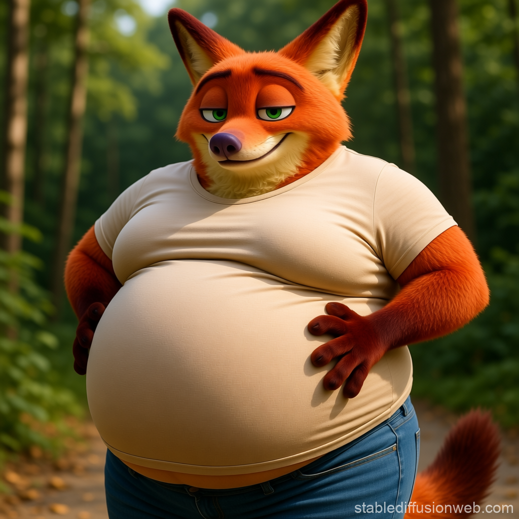 Confident Anthropomorphic Fox with a Big Belly in Forest