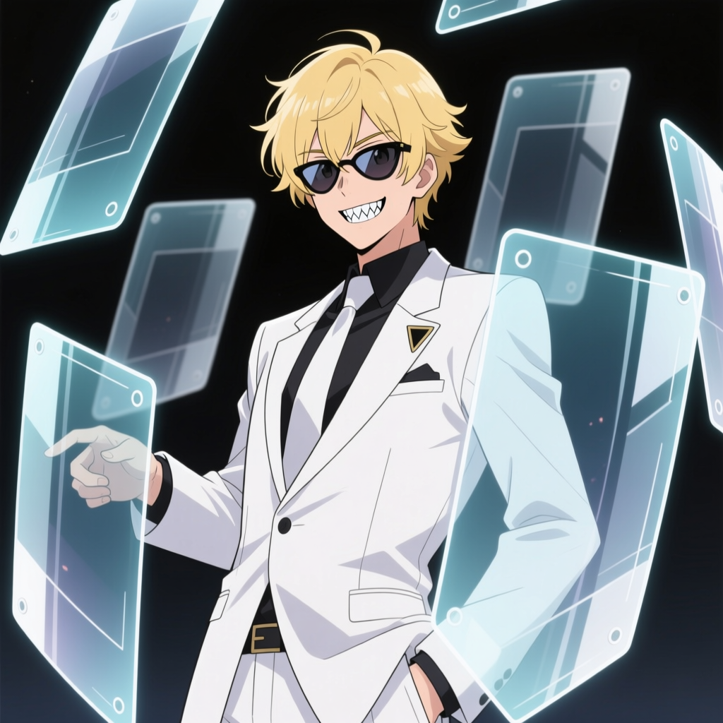 Confident Blonde Agent in White Suit with Futuristic Holograms