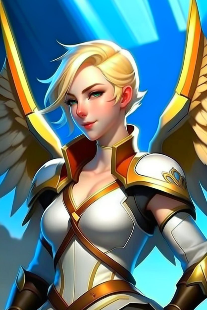 Confident Blonde Angel Warrior with Golden Wings