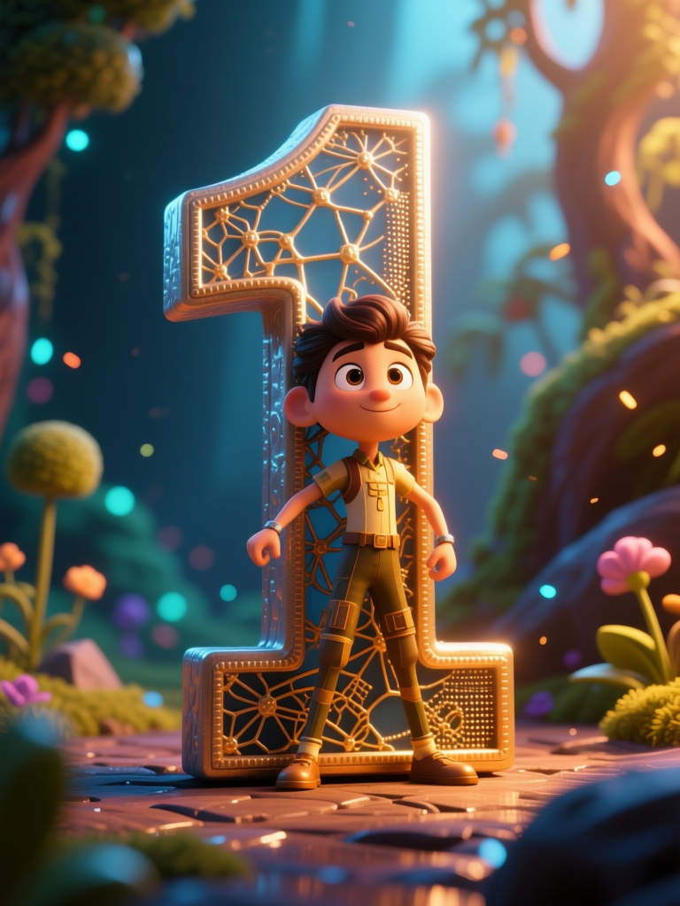 Confident Boy Standing by Ornate Number One in Enchanted Forest