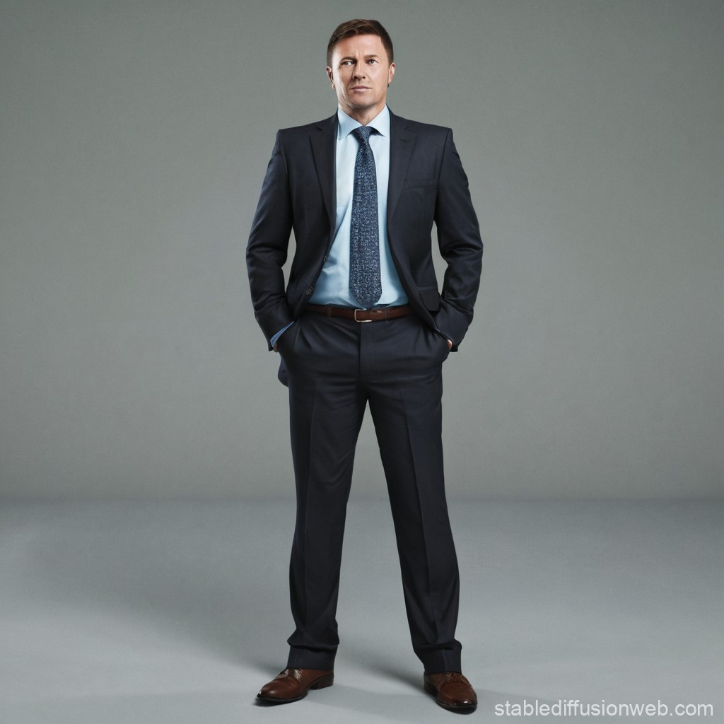 Confident Businessman in Formal Suit Standing Against Gray Background