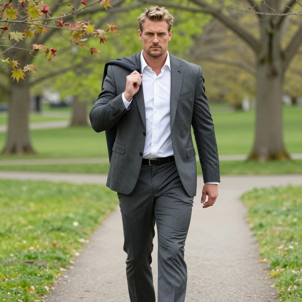 Confident Businessman Walking Outdoors in Gray Suit