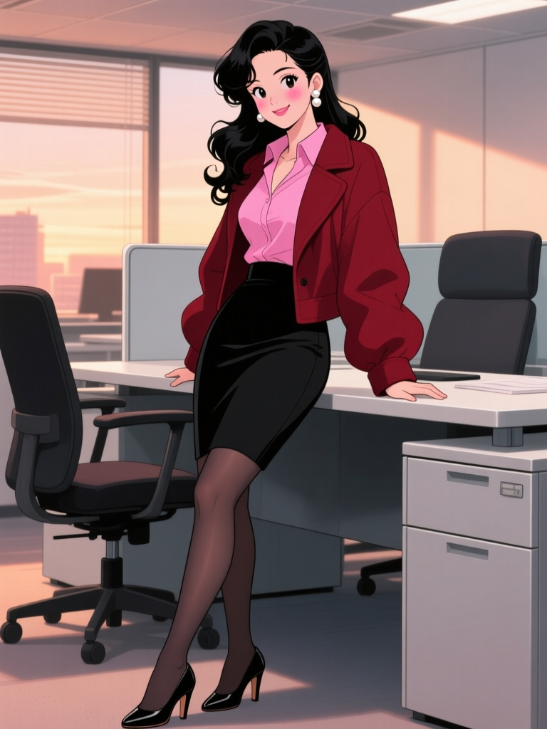 Confident Businesswoman in Modern Office Anime Style