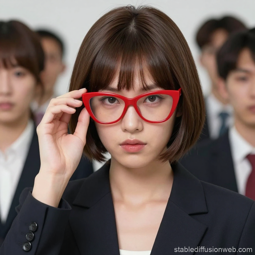 Confident Businesswoman with Red Glasses in Office Setting