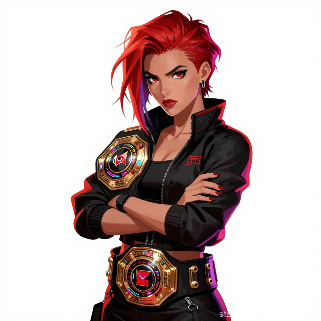 Confident Female Gamer Champion with Red Hair and Championship Belts