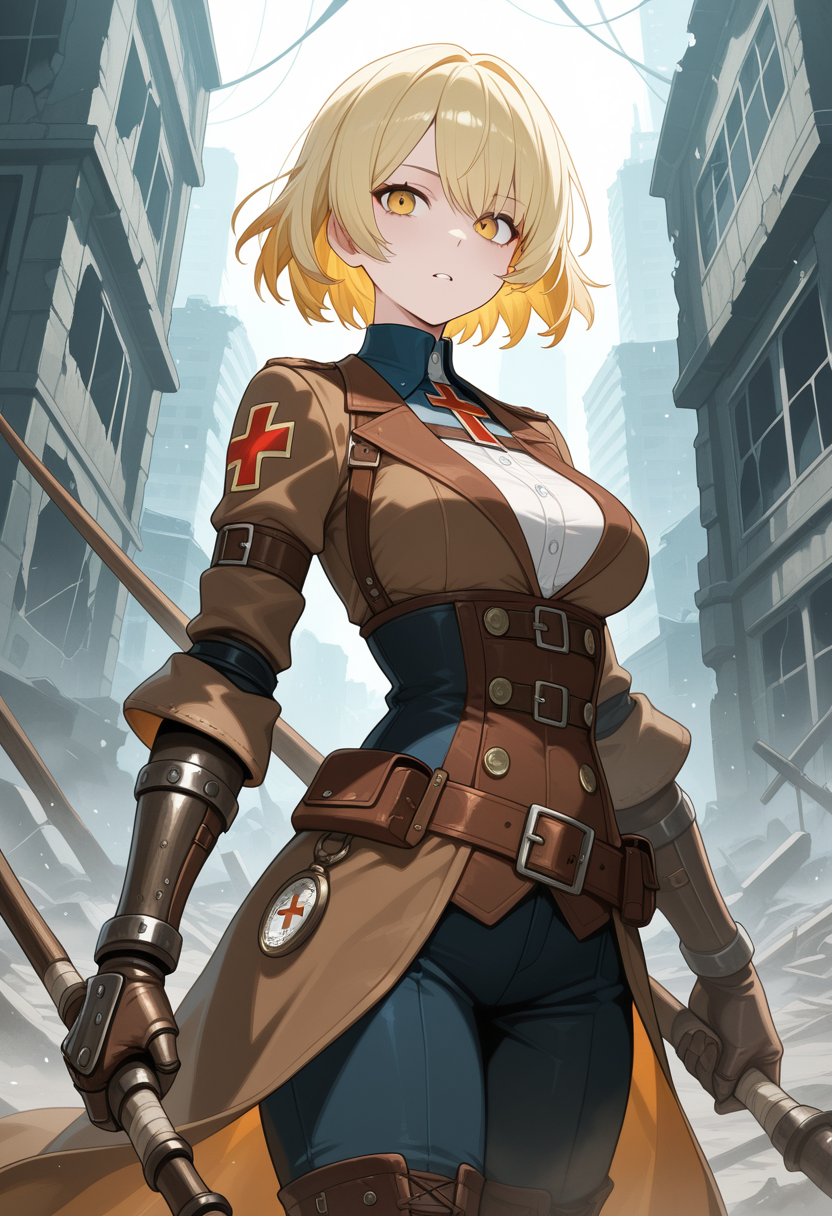 Confident Female Medic in Post-Apocalyptic City