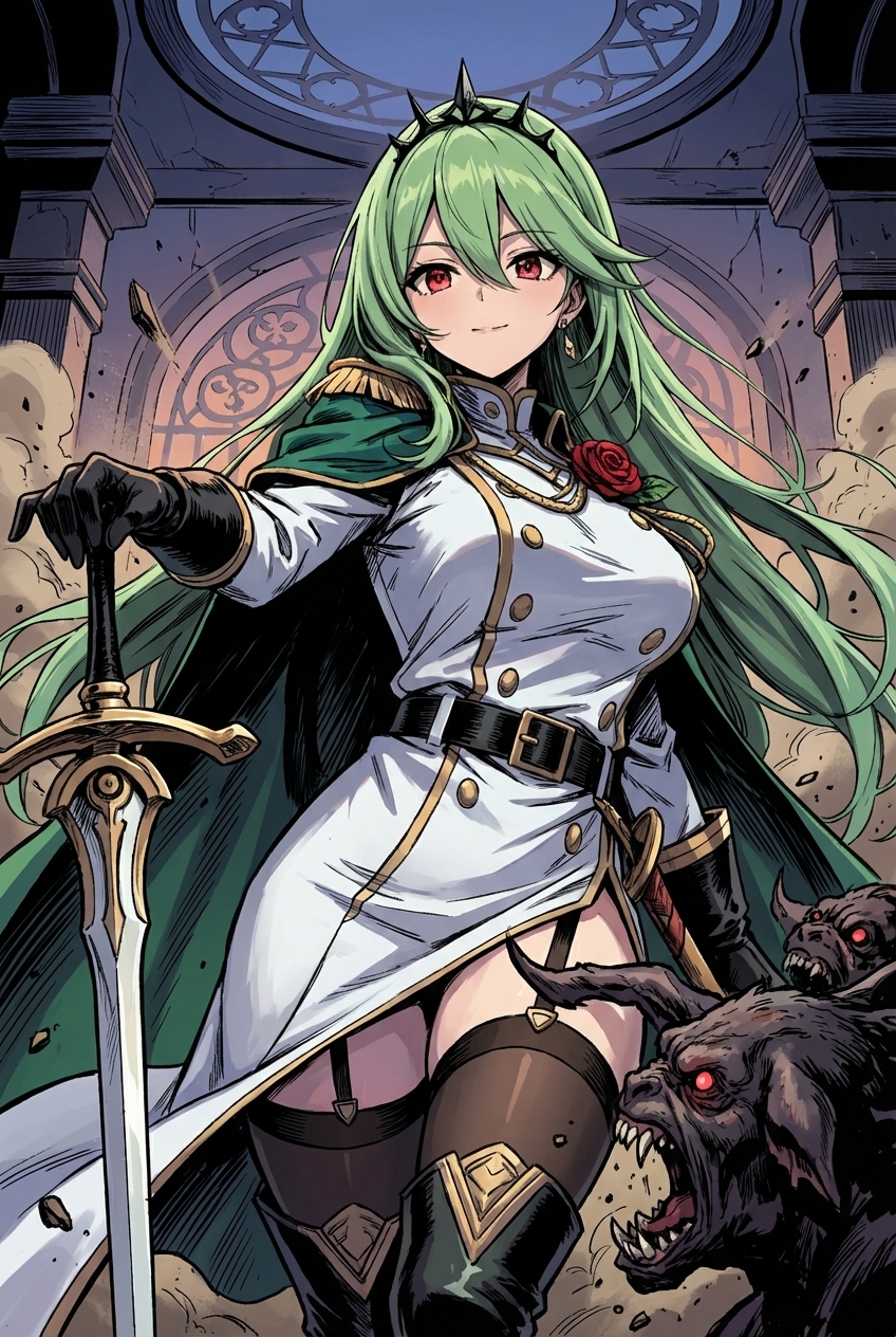 Confident Female Warrior with Sword and Demonic Creatures