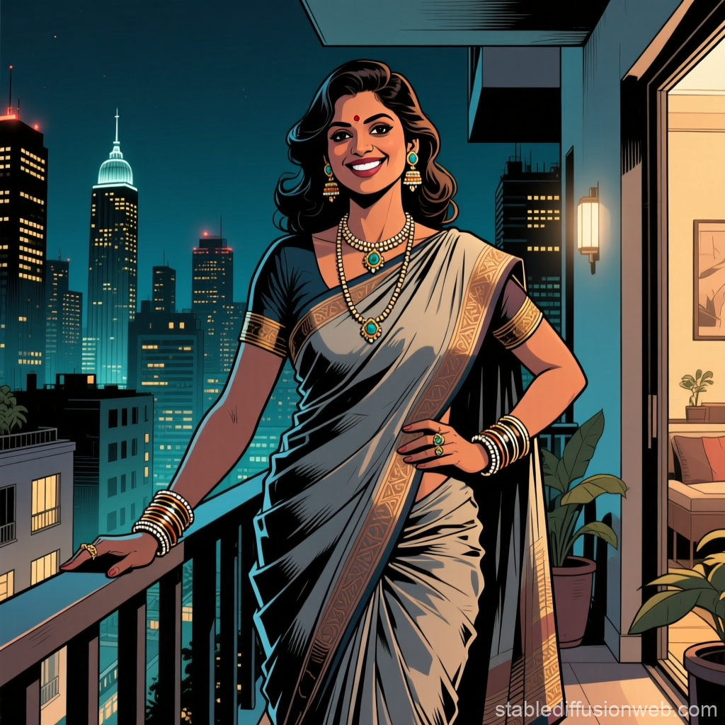 Confident Indian Woman in Traditional Saree on City Balcony