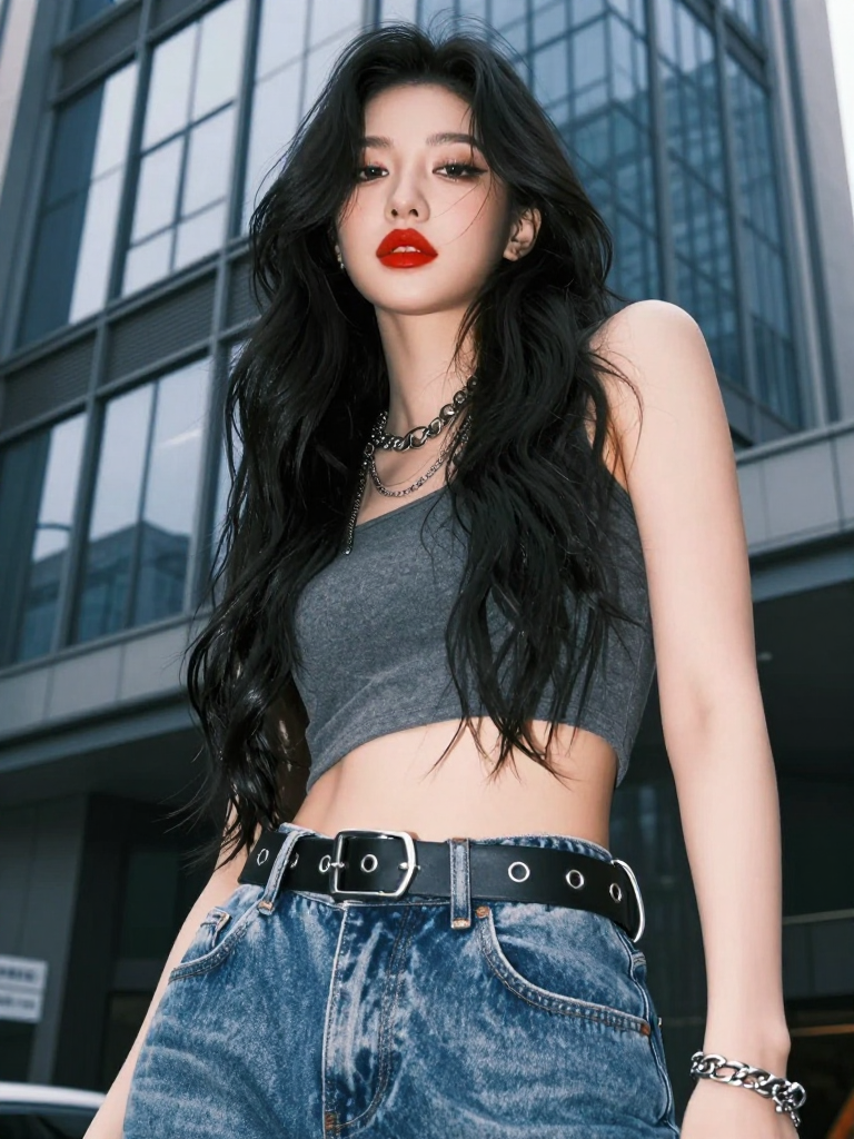 Confident Korean Street Fashion with Bold Red Lips