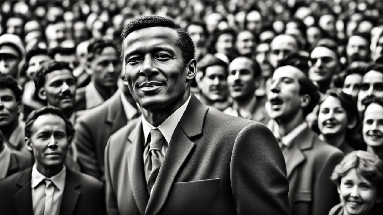 Confident Leader Among a Diverse Crowd in Black and White