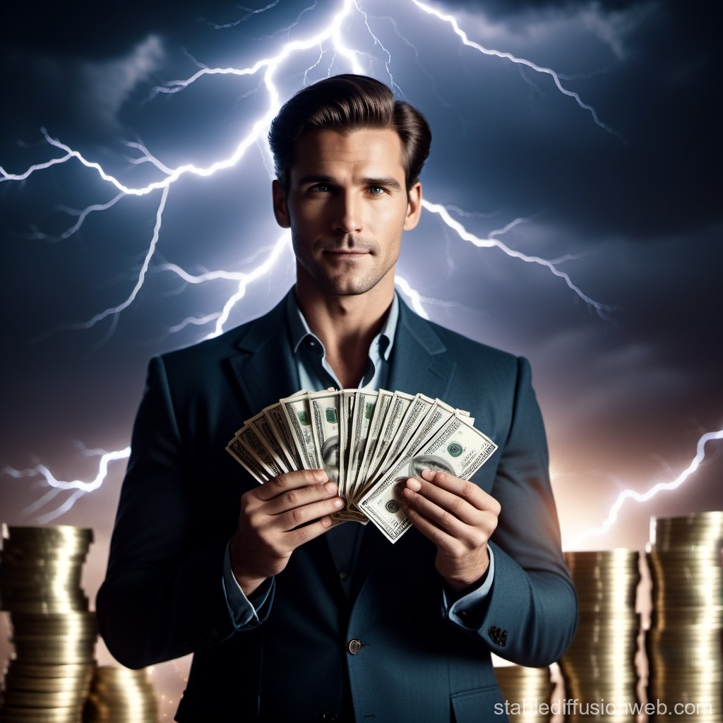 Confident Man Holding Cash with Lightning Background