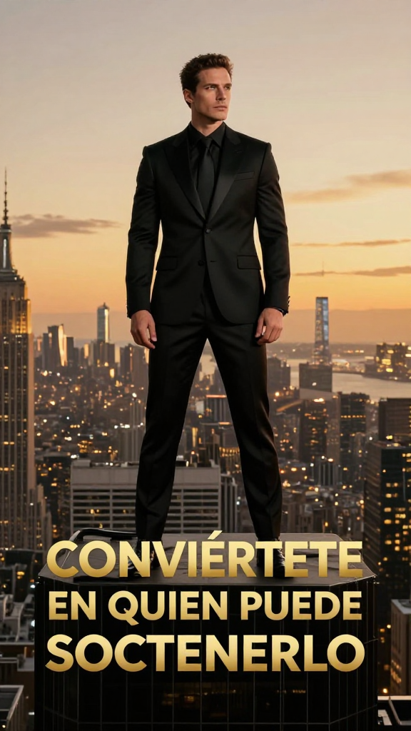 Confident Man in Black Suit on Skyscraper at Sunset