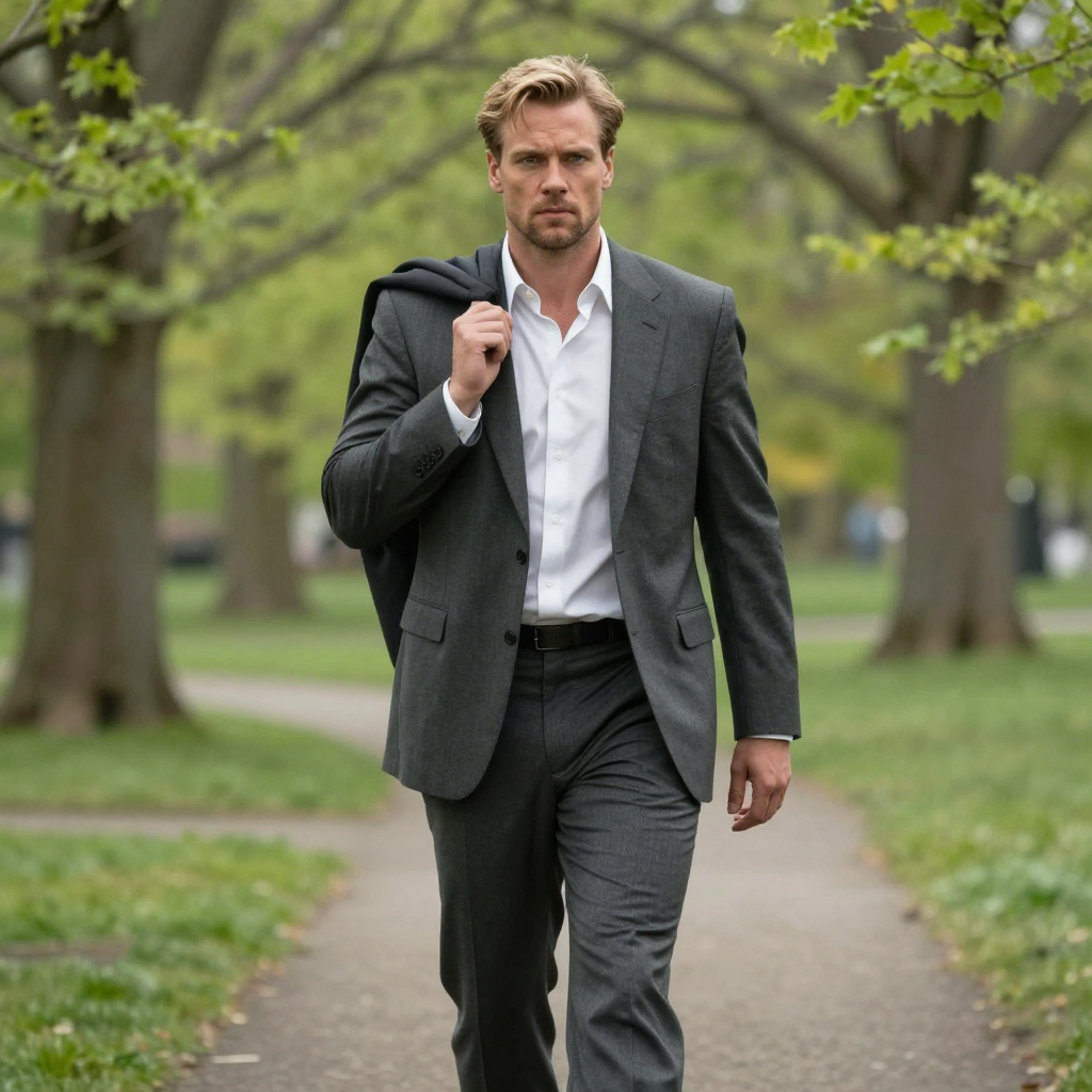 Confident Man in Gray Suit Walking in Park