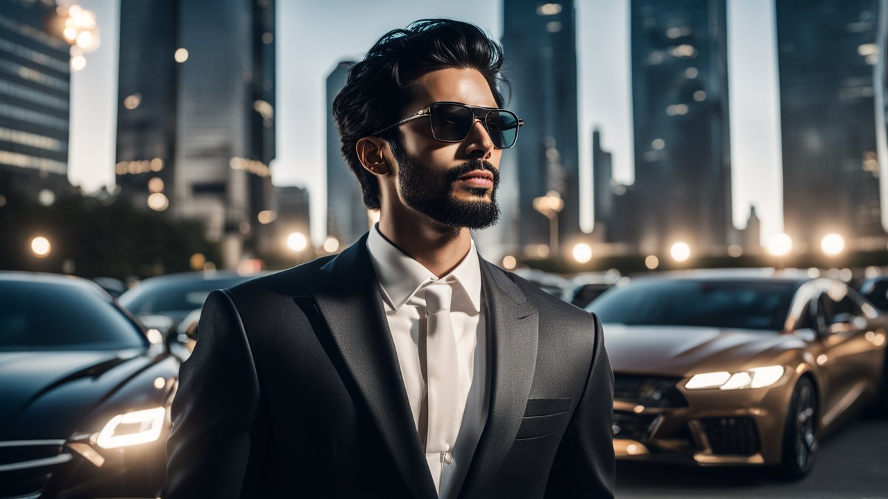 Confident Man in Suit and Sunglasses in Urban Night Setting