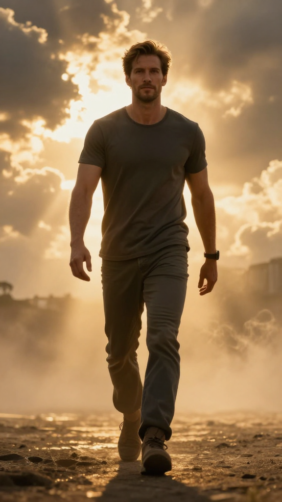 Confident Man Walking at Sunset with Dramatic Clouds