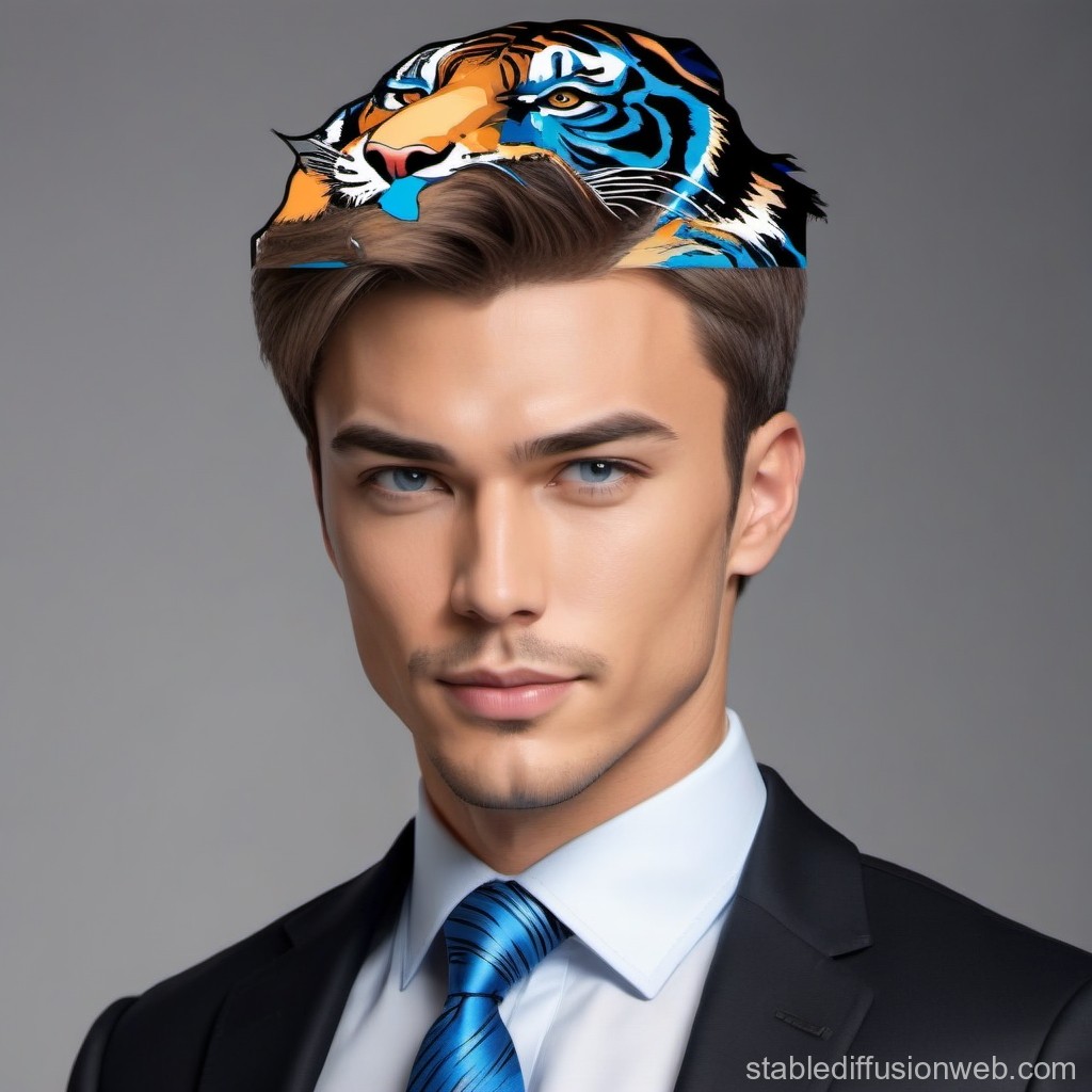 Confident Man with Tiger Illustration Emerging from Head