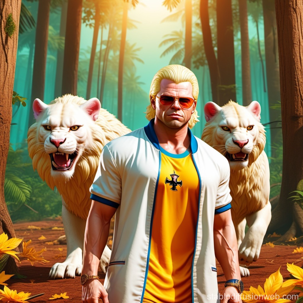 Confident Man with Two White Tigers in a Sunlit Forest
