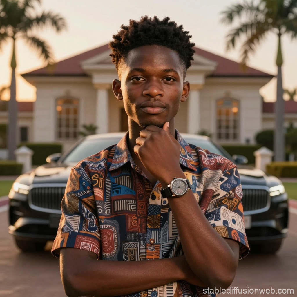 Confident Nigerian Student in Front of Luxury Car and Mansion