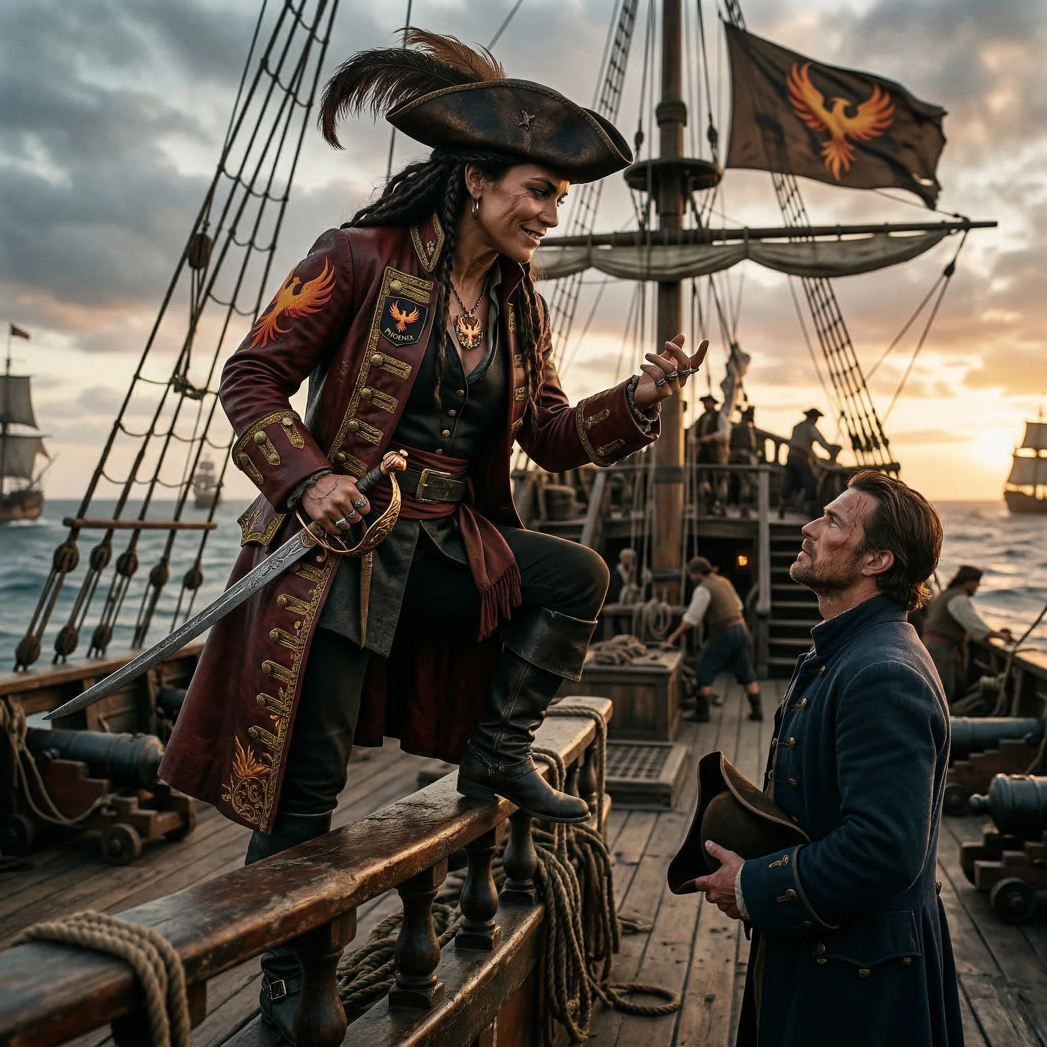 Confident Pirate Captain Commanding His Crew on Ship Deck