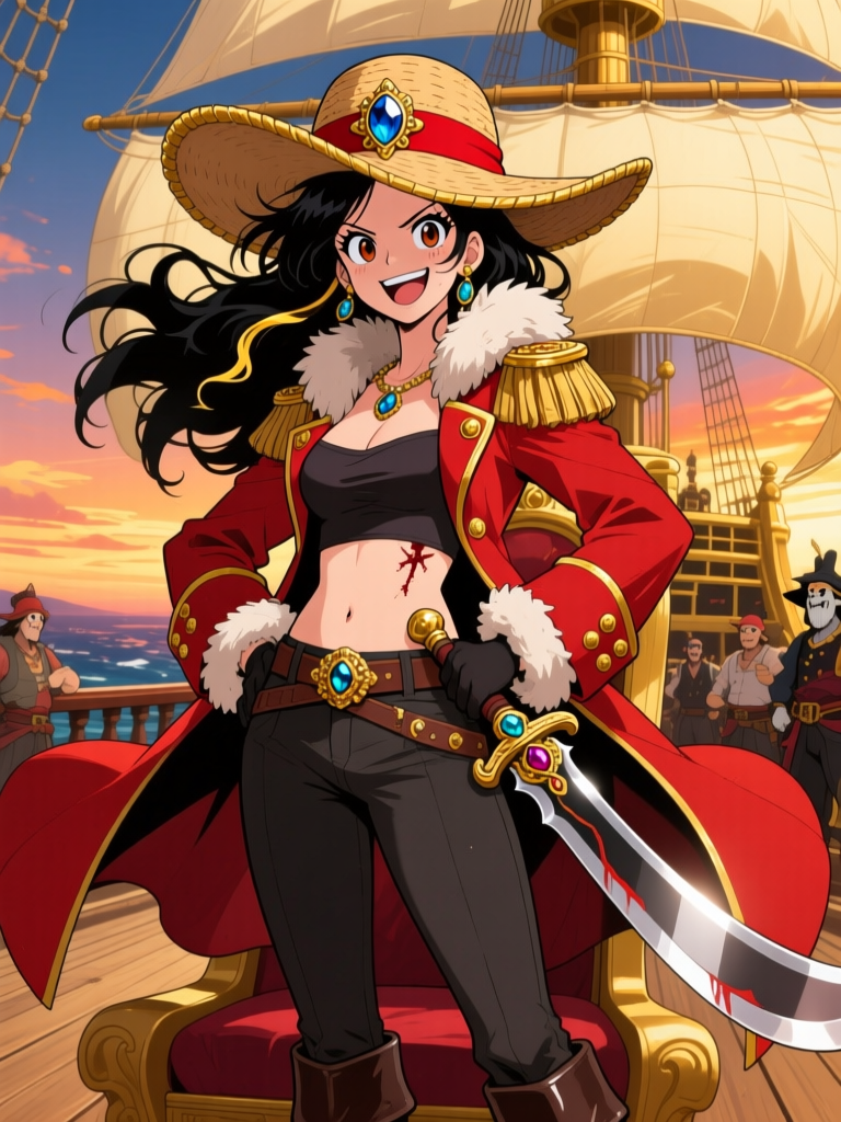 Confident Pirate Queen on Ship Deck at Sunset