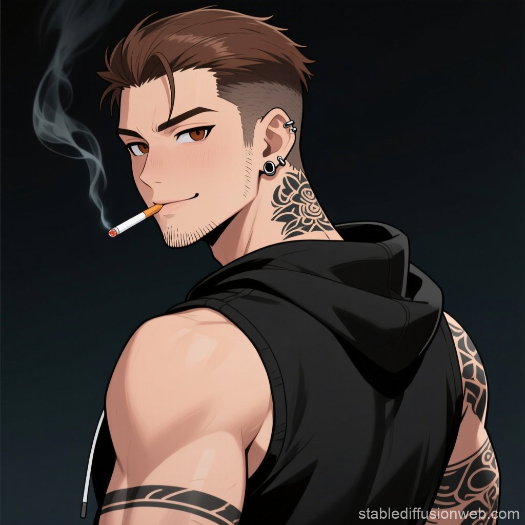 Confident Tattooed Man Smoking Cigarette in Hoodie