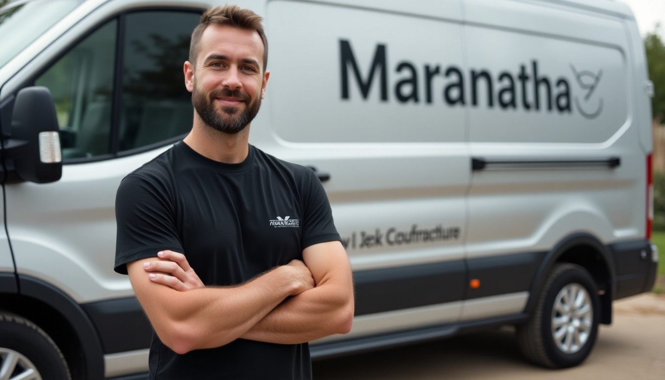 Confident Tradesman Standing in Front of Service Van