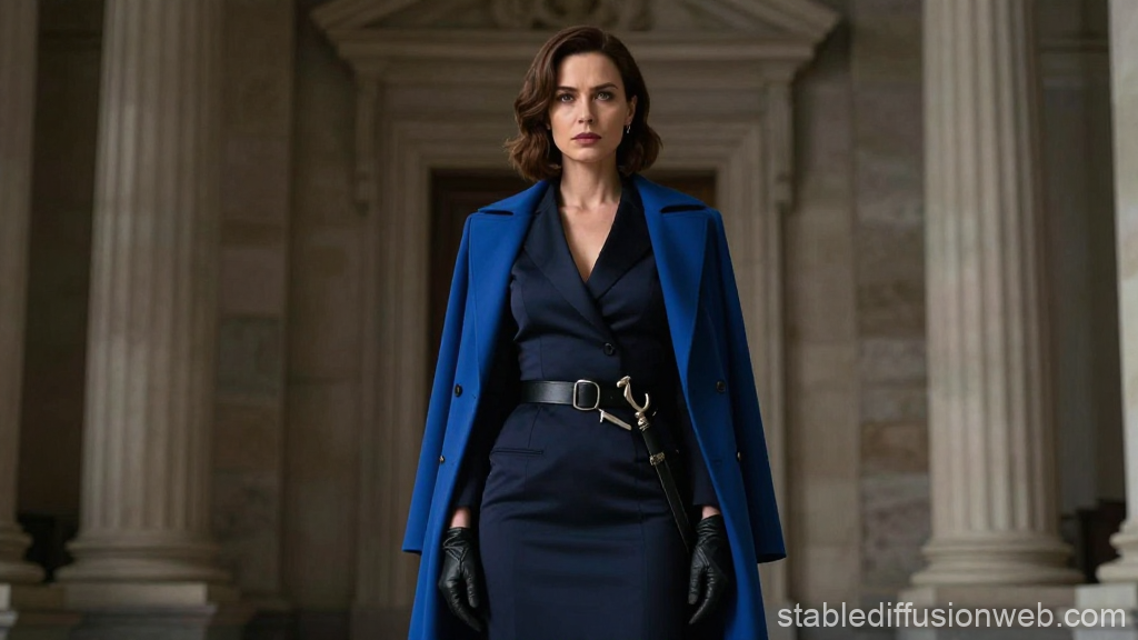 Confident Woman in Blue Coat Standing in Classical Architecture