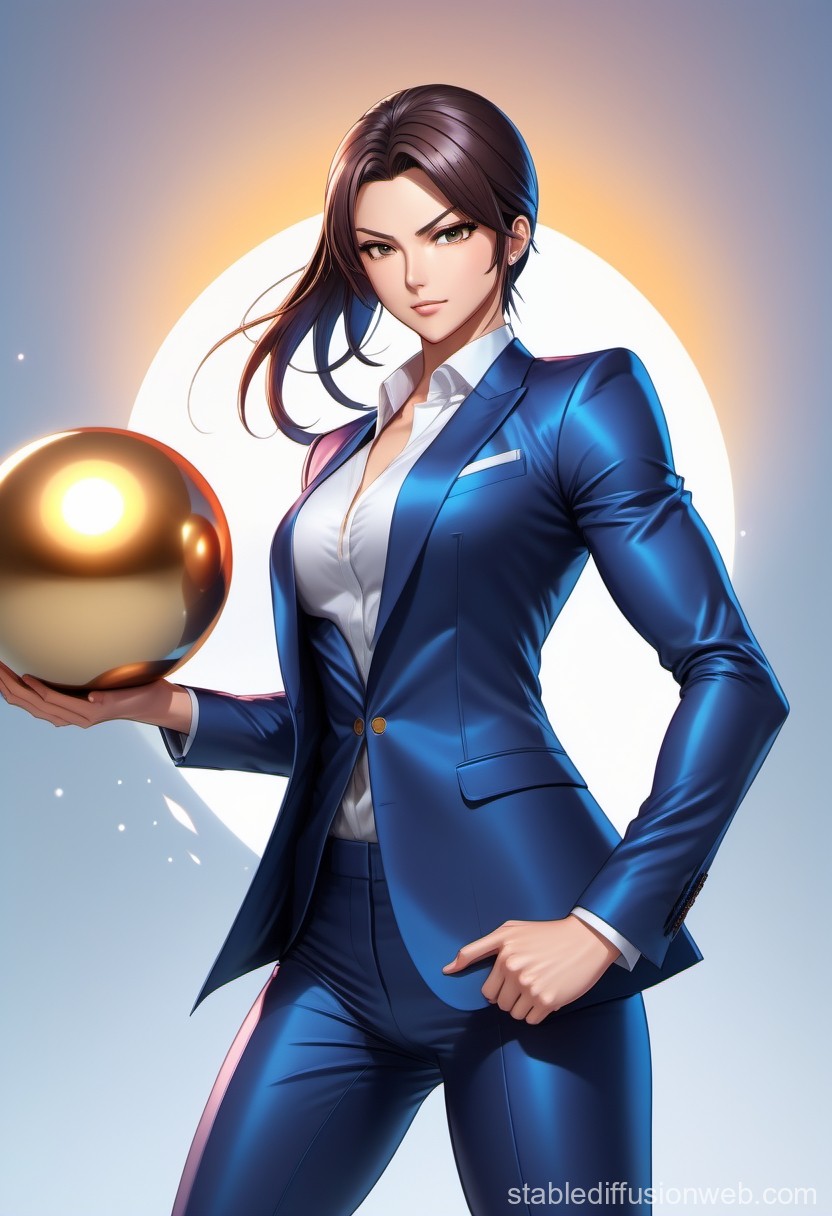 Confident Woman in Blue Suit Holding Golden Sphere