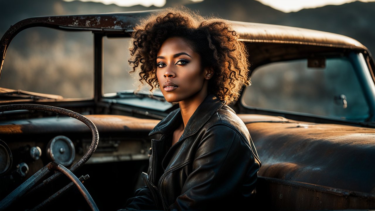 Confident Woman in Leather Jacket Sitting in Vintage Car