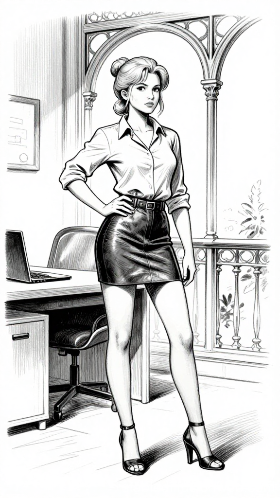 Confident Woman in Office Setting Black and White Sketch