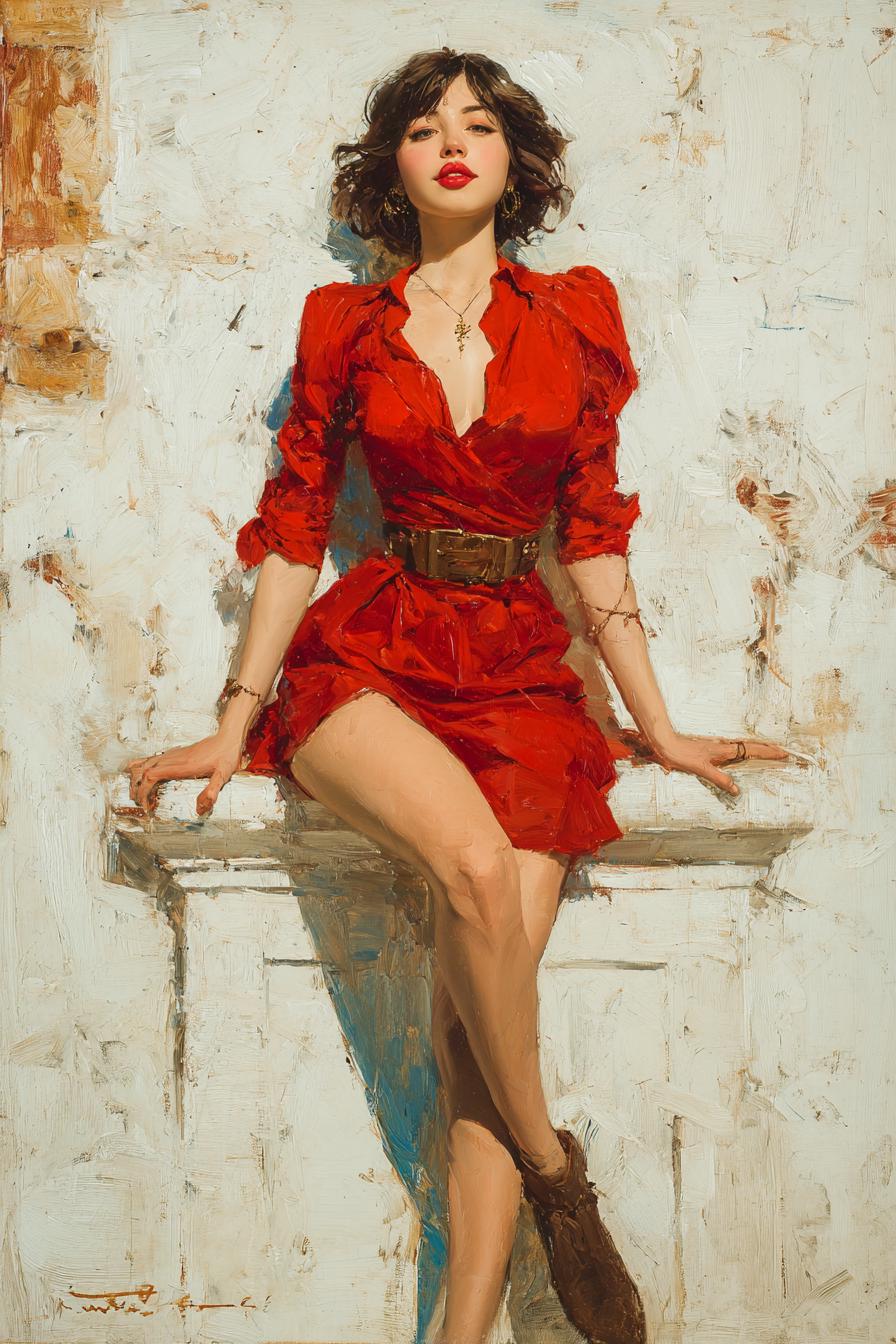 Confident Woman in Red Dress Sitting on Ledge