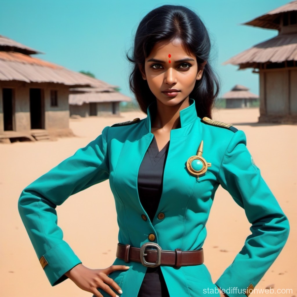 Confident Woman in Teal Military-Style Jacket in Desert Village