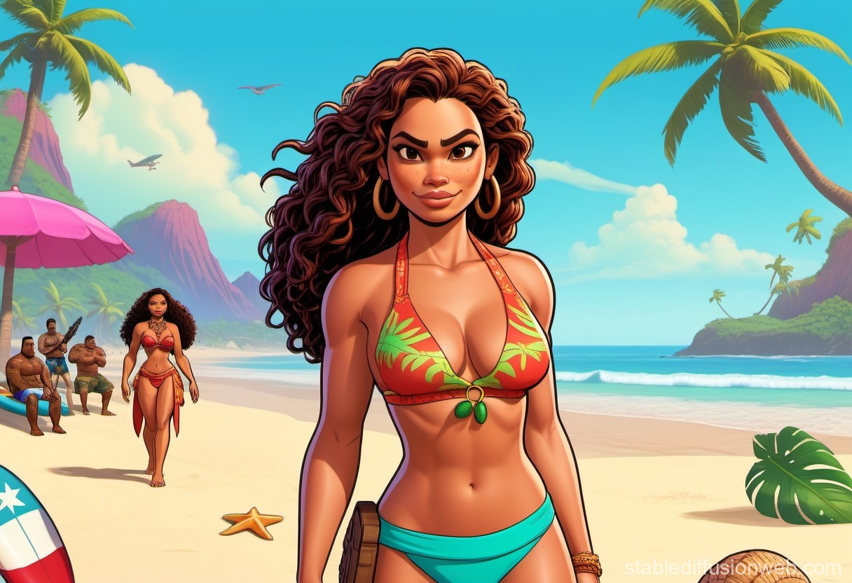 Confident Woman in Tropical Beach Bikini Illustration