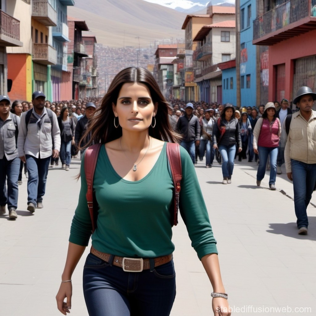 Confident Woman Leading a Crowd Through Colorful City Street
