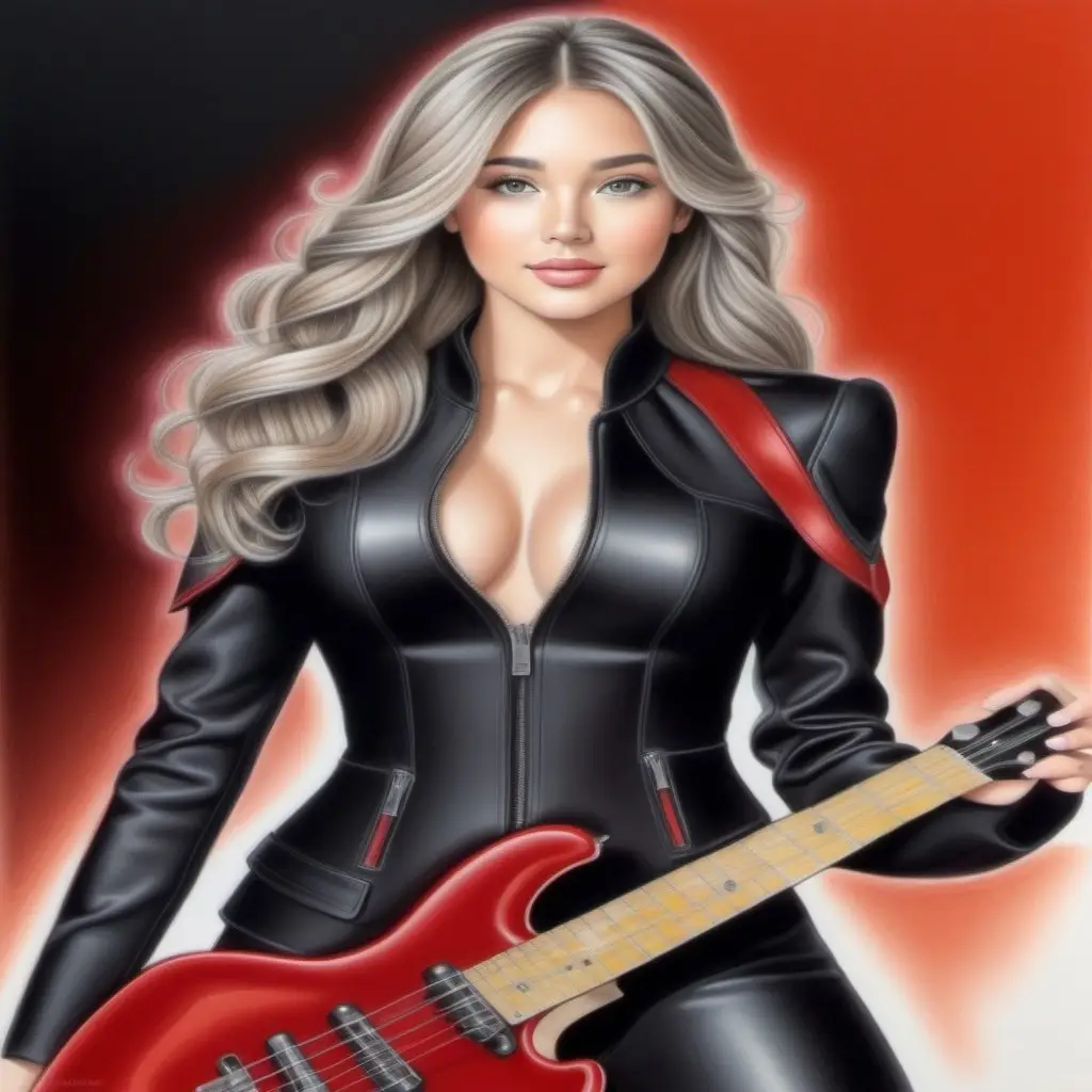 Confident Woman Rock Guitarist in Black Leather Outfit
