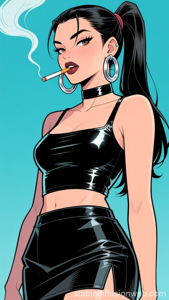 Confident Woman Smoking in Shiny Black Outfit