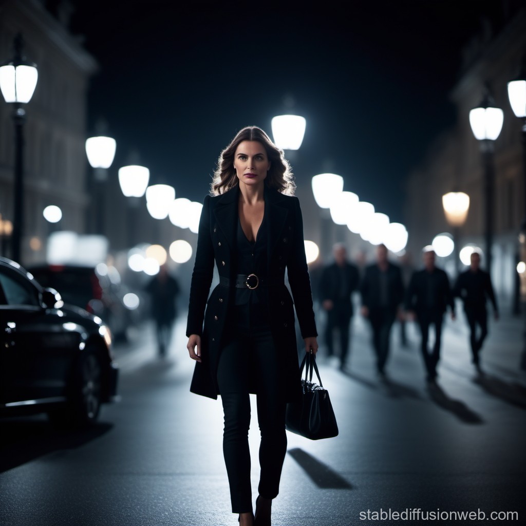 Confident Woman Walking Alone on a City Street at Night