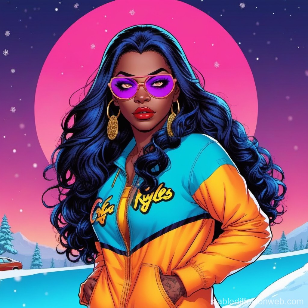 Confident Woman with Blue Hair and Vibrant Jacket in Neon Winter Scene