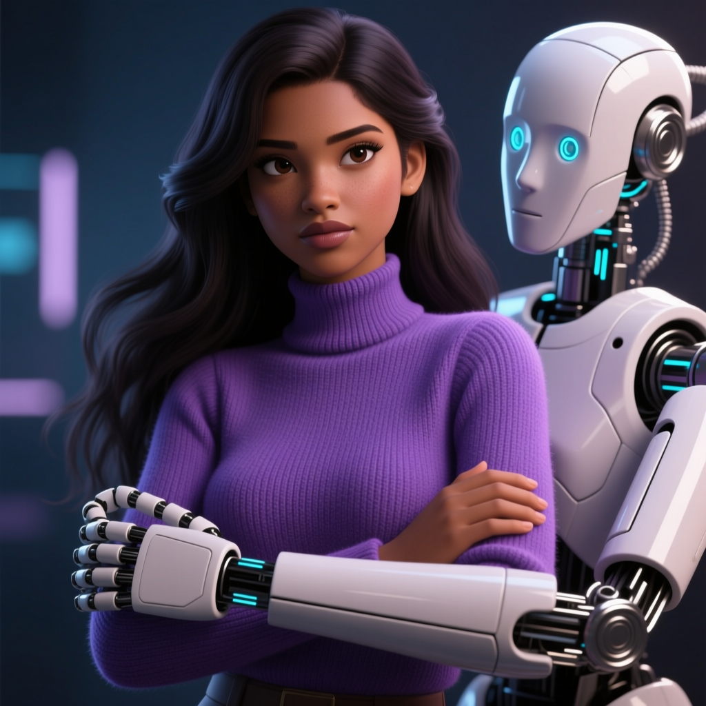 Confident Woman with Futuristic Robot Companion