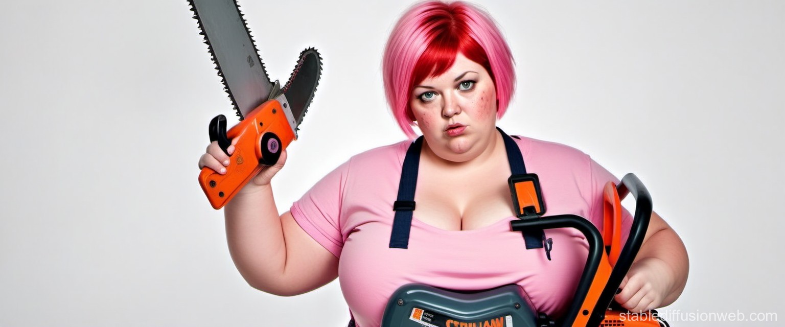 Confident Woman with Pink Hair Holding Chainsaw