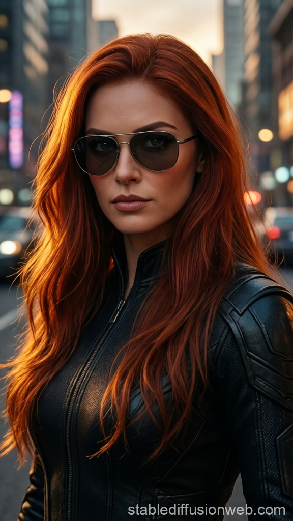 Confident Woman with Red Hair in Urban Leather Jacket