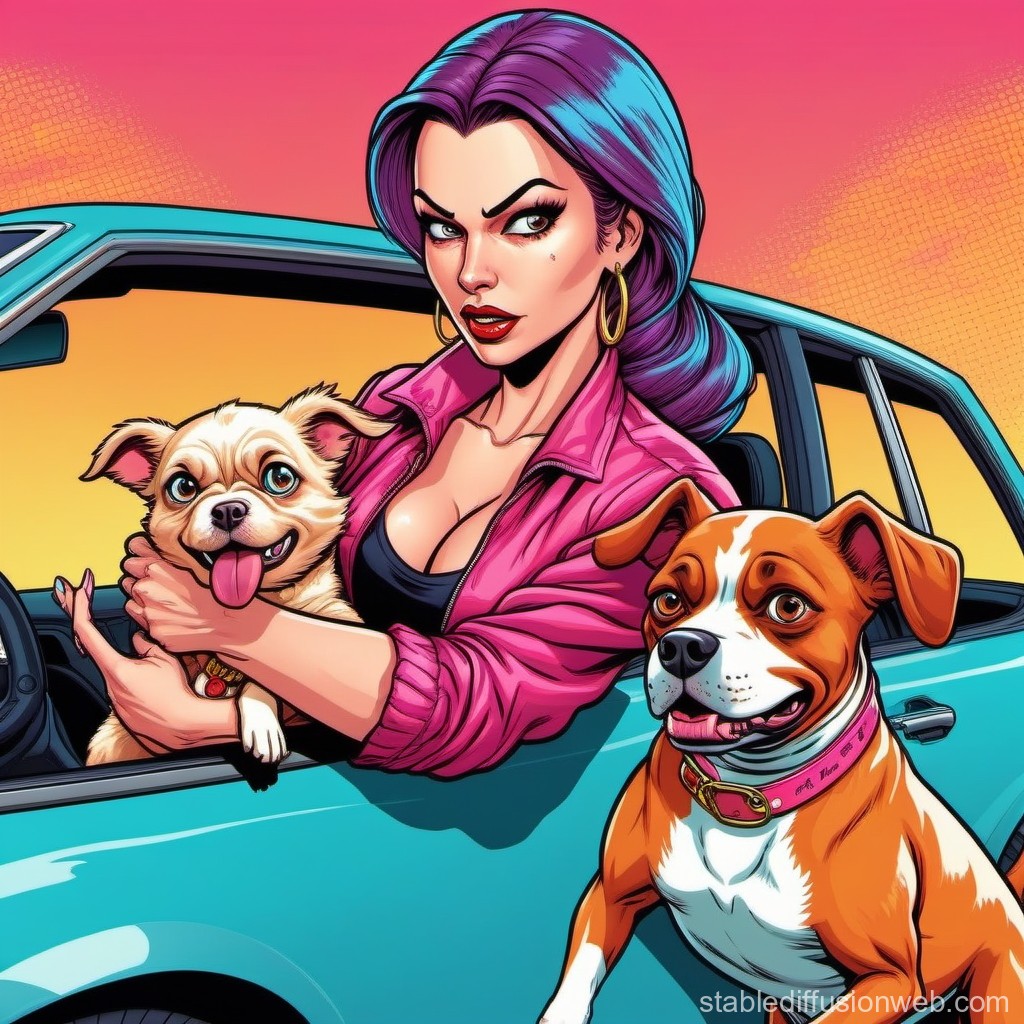 Confident Woman with Two Dogs in Vibrant Car Scene