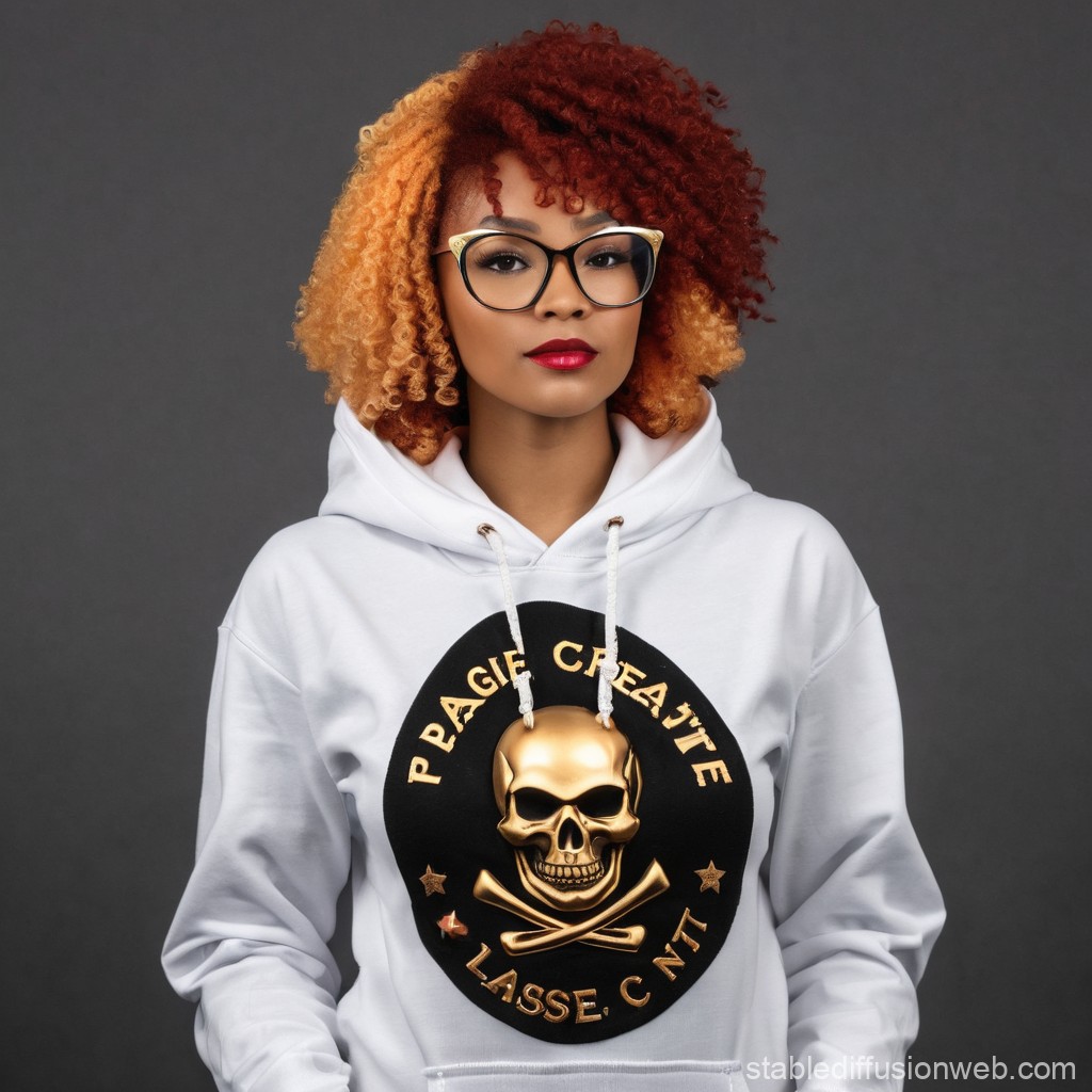 Confident Woman with Two-Tone Curly Hair Wearing Skull Hoodie