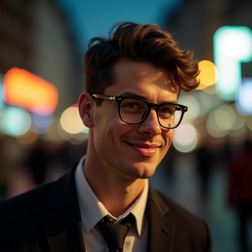 Confident Young Man in Glasses with City Lights Background