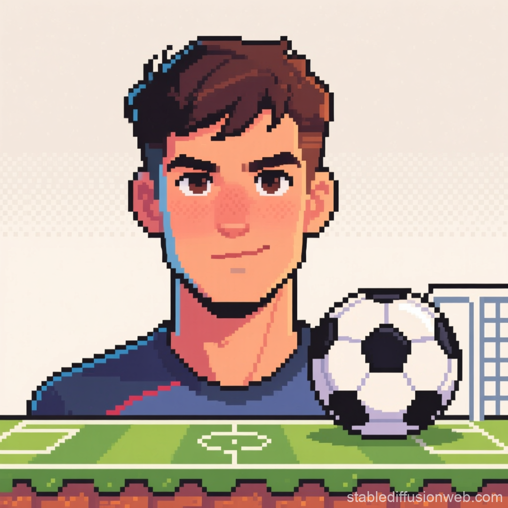 Confident Young Man Pixel Art Portrait with Soccer Theme