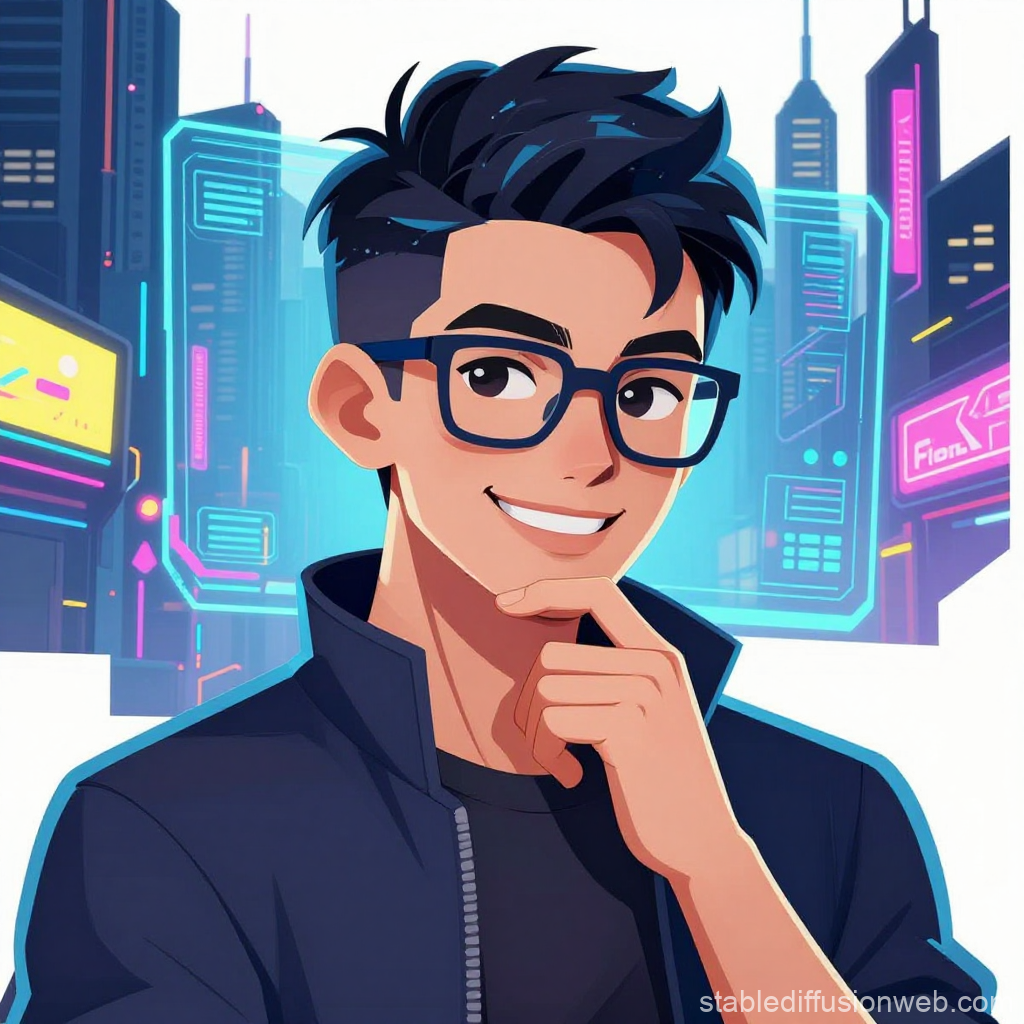 Confident Young Man with Glasses in Futuristic Cityscape