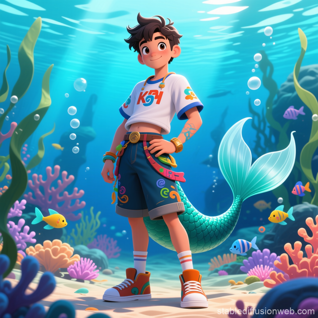 Confident Young Merman in Colorful Underwater Scene
